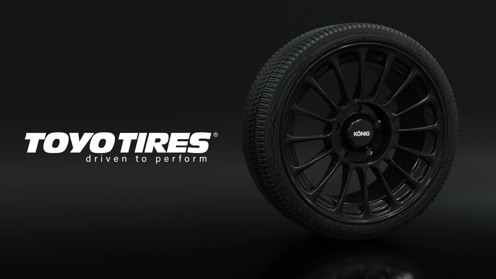 Product render of Toyo tires mounted on Konig rims against a studio backdrop